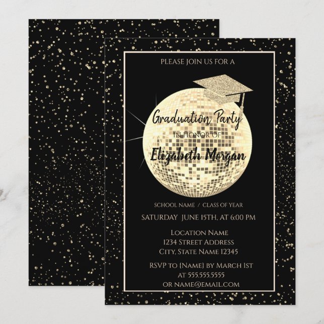 Gold Glitter Graduation Cap,Disco Ball Confetti Invitation (Front/Back)