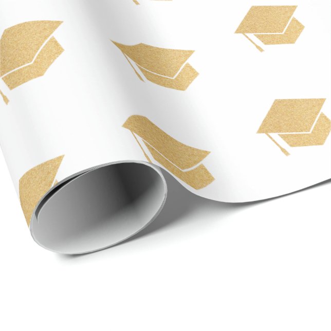 Gold Glitter Graduation Cap Pattern White Wrapping Paper (Roll Corner)