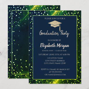 Gold Glitter Graduation Cap,Polka Dots,Green Invitation