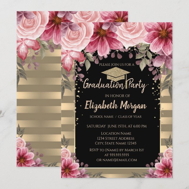 Gold Glitter Graduation Cap,Stripes Floral Invitation (Front/Back)