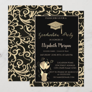 Gold Glitter Graduation Cap SwirlsGraduation Party Invitation
