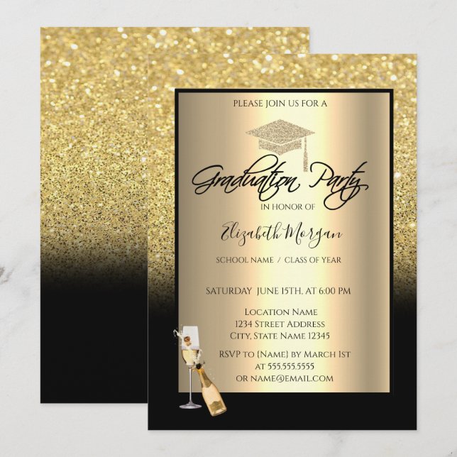 Gold Glitter Graduation Cap,Wine,Glass Graduation Invitation (Front/Back)