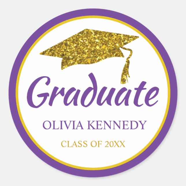 Gold Glitter Graduation Hat Purple Graduate Name Classic Round Sticker (Front)