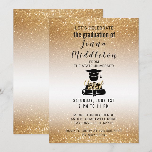 Gold Glitter Graduation Invitation (Front/Back)