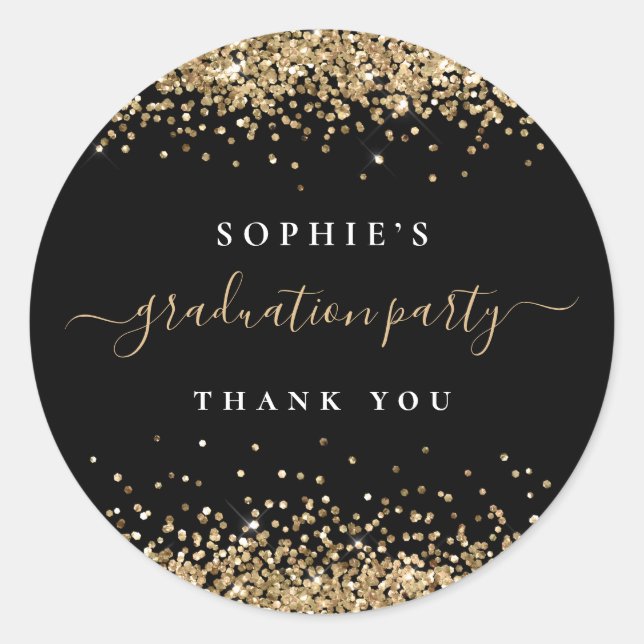 Gold Glitter Graduation Party Black Thank You  Classic Round Sticker (Front)