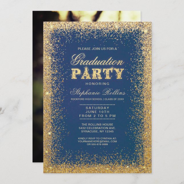 Gold & Glitter Graduation Party Invitations - Blue (Front/Back)