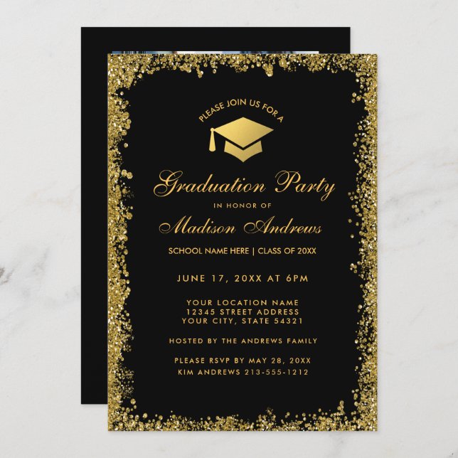 Gold Glitter Graduation Party Invite - Photo Back (Front/Back)