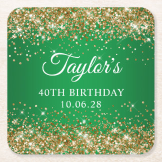 Gold Glitter Green 40th Birthday Square Paper Coaster