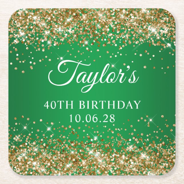 Gold Glitter Green 40th Birthday Square Paper Coaster (Front)