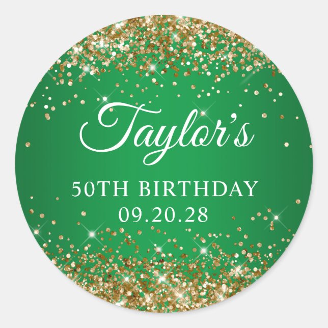 Gold Glitter Green 50th Birthday Classic Round Sticker (Front)