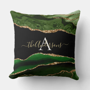 Gold Glitter Green Agate Geode Monogram Cushion