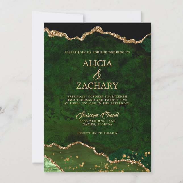 Gold Glitter Green Agate Wedding Invitation (Front)