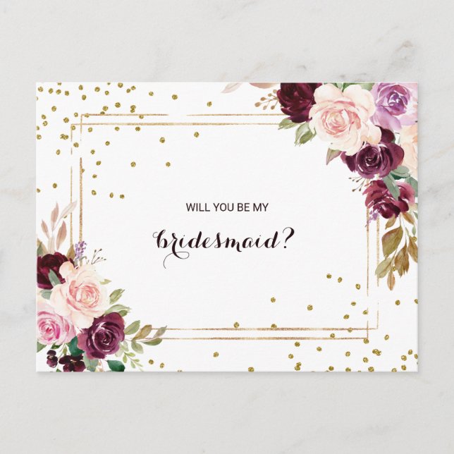 Gold Glitter Green Burgundy Floral Bridesmaid Invitation Postcard (Front)