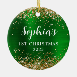 Gold Glitter Green Faux Foil 1st Christmas Photo Ceramic Tree Decoration