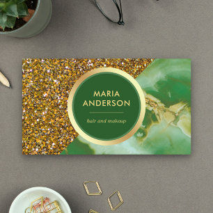 Gold Glitter Green Marble Hair Salon Makeup Artist Business Card