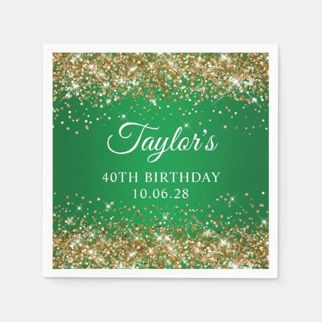 Gold Glitter Green Ombre 40th Birthday Napkin (Front)