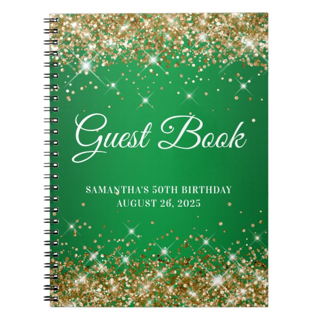 Gold Glitter Green Ombre 50th Birthday Guestbook Notebook (Front)