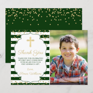 Gold Glitter Green Striped First Communion Photo Thank You Card