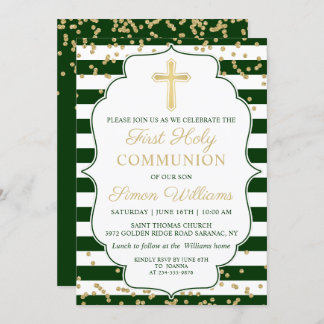 Gold Glitter Green Striped First Holy Communion Invitation