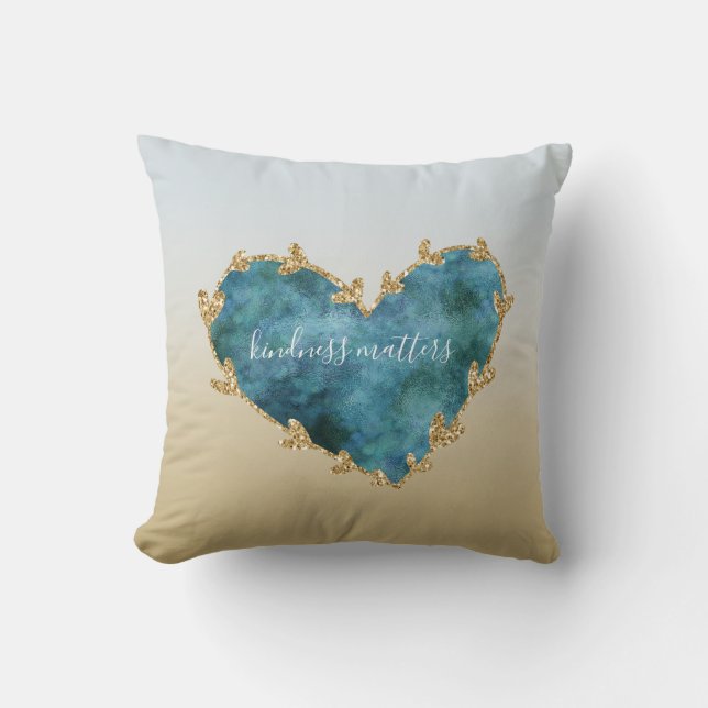 Gold Glitter Green Teal Aqua Blue Earth Heart Cushion (Front)