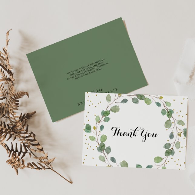 Gold Glitter Greenery Calligraphy Flat Wedding Thank You Card (Creator Uploaded)