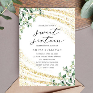 Gold Glitter Greenery Sweet Sixteen 16 Birthday Invitation