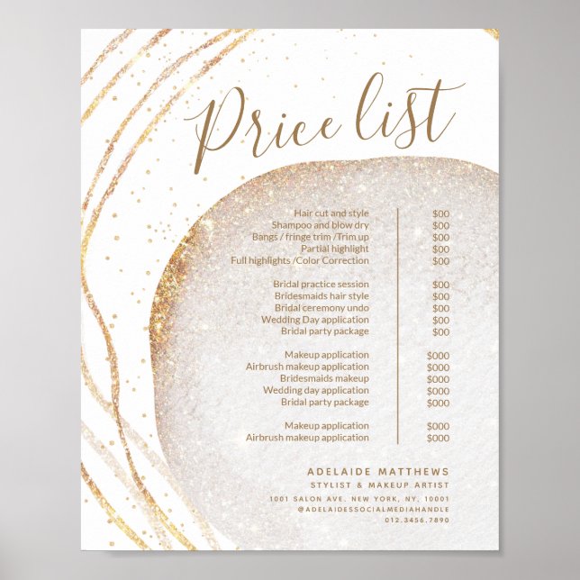 Gold Glitter Hair Stylist Salon Price List Menu Poster (Front)