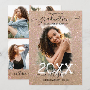 Gold Glitter Halo Photo Collage Graduation Invitation
