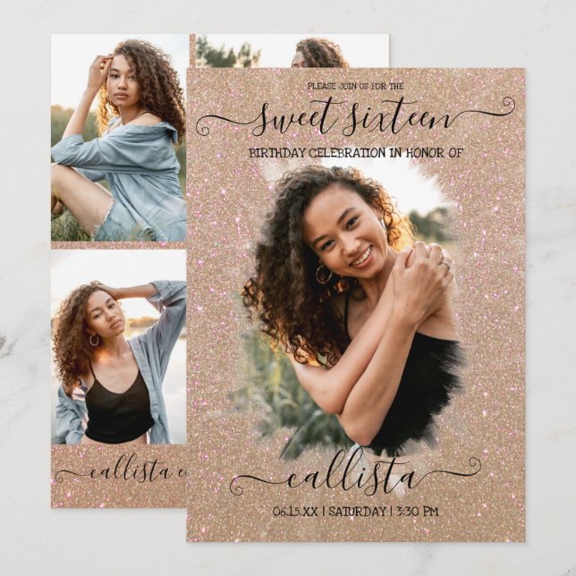 Gold Glitter Halo Photo Collage Sweet 16 Invitation (Front/Back)