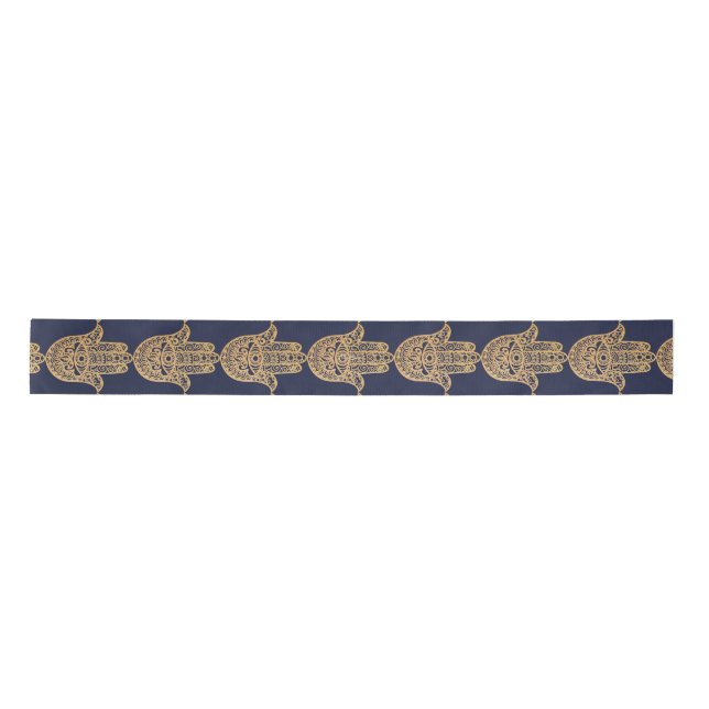 Gold Glitter Hamsa Lucky Hand Mystical navy blue Satin Ribbon (Front)