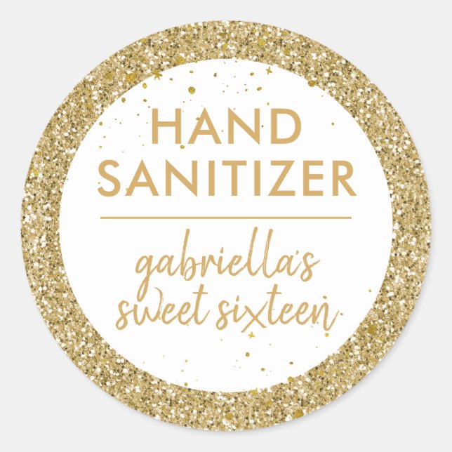 Gold Glitter Hand Sanitizer Favour Label Birthday (Front)