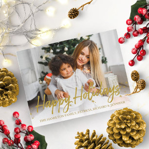 Gold Glitter Handwritten Photo Happy Holidays Postcard