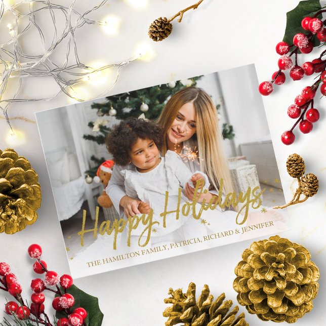 Gold Glitter Handwritten Photo Happy Holidays Postcard (Creator Uploaded)