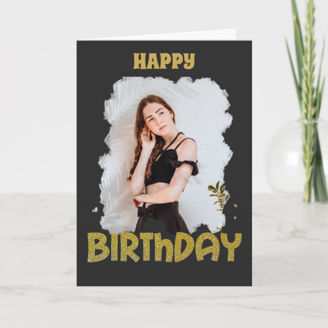 gold glitter happy birthday photo black frame card (Front)