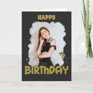 gold glitter happy birthday photo black frame card