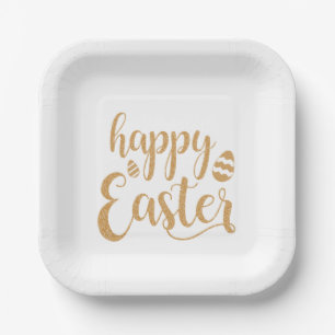 Gold Glitter Happy Easter Egg Paper Plate