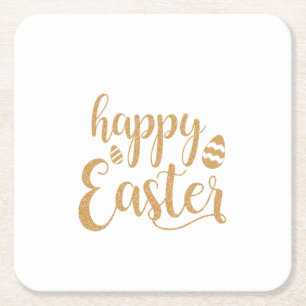 Gold Glitter Happy Easter Egg Square Paper Coaster