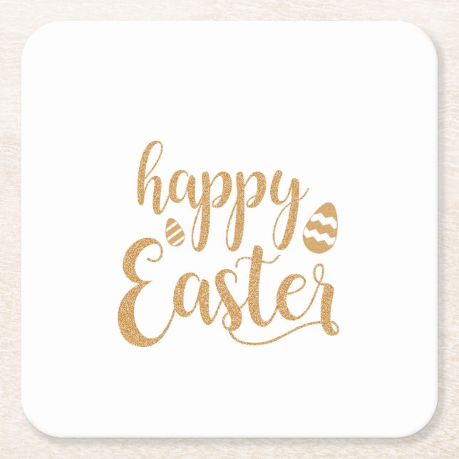 Gold Glitter Happy Easter Egg  Square Paper Coaster (Front)