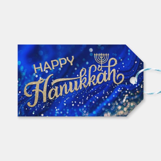 Gold Glitter Happy Hanukkah Gift Tag  (Front (Horizontal))