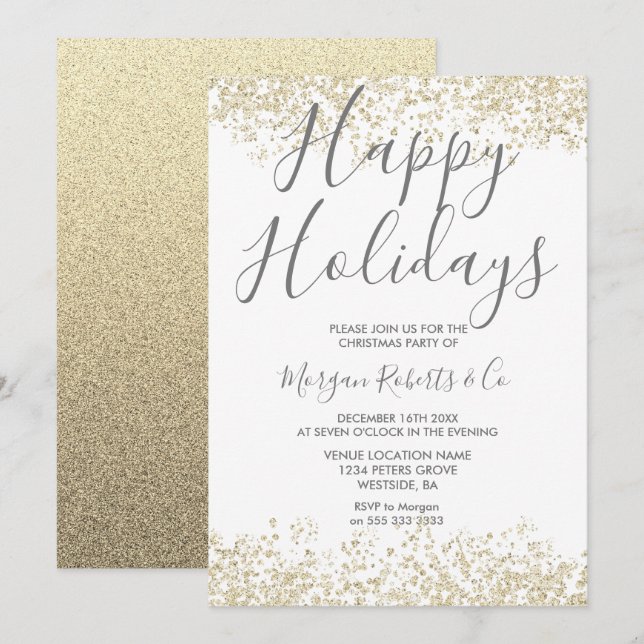 Gold Glitter Happy Holidays or Christmas Party Invitation (Front/Back)