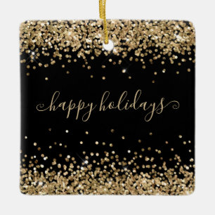 Gold Glitter Happy Holidays Sparkle Shine Black Ceramic Ornament
