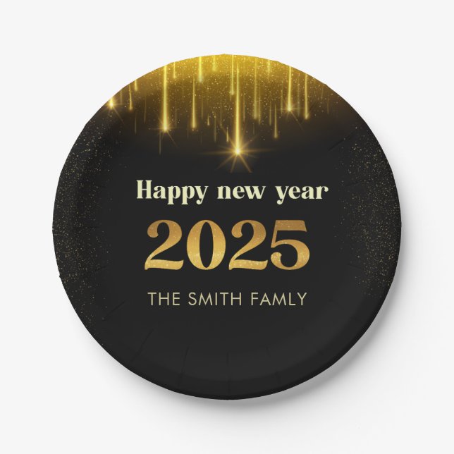 Gold Glitter Happy New Year 2025 Paper Plate (Front)