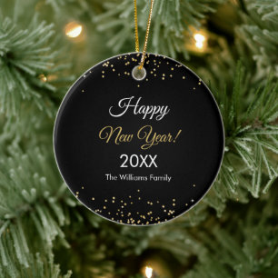 Gold Glitter Happy New Year Black Ceramic Tree Decoration