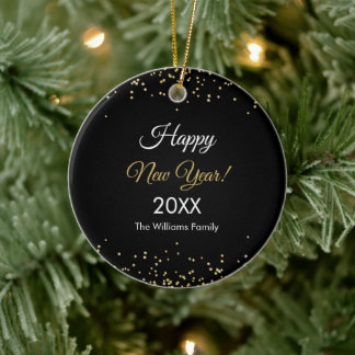 Gold Glitter Happy New Year Black Ceramic Tree Decoration