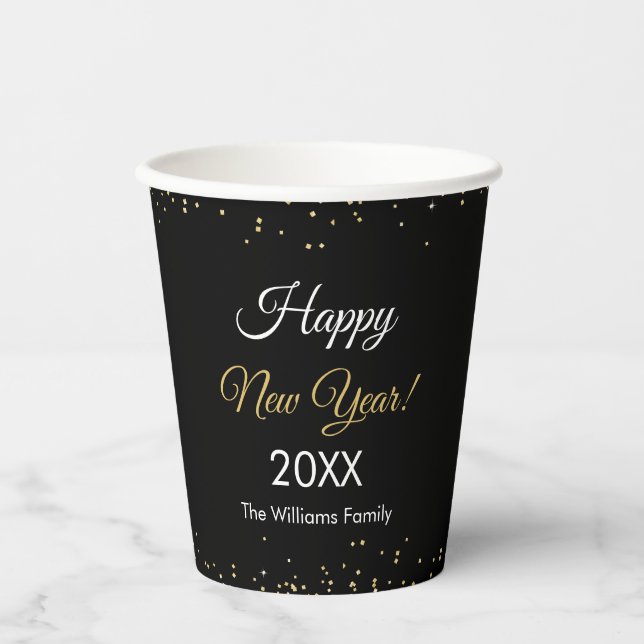 Gold Glitter Happy New Year Black Party Paper Cups (Front)