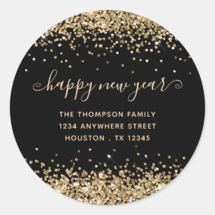 Gold Glitter Happy New Year Name Address Black Classic Round Sticker