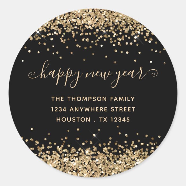 Gold Glitter Happy New Year Name Address Black Classic Round Sticker (Front)