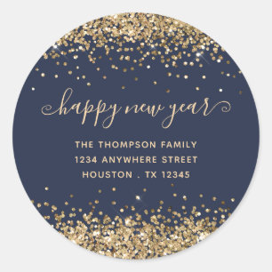 Gold Glitter Happy New Year Name Address Navy Classic Round Sticker