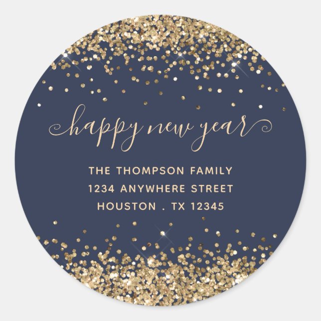 Gold Glitter Happy New Year Name Address Navy Classic Round Sticker (Front)