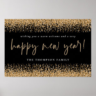 Gold Glitter Happy New Year Name Black Printable Poster